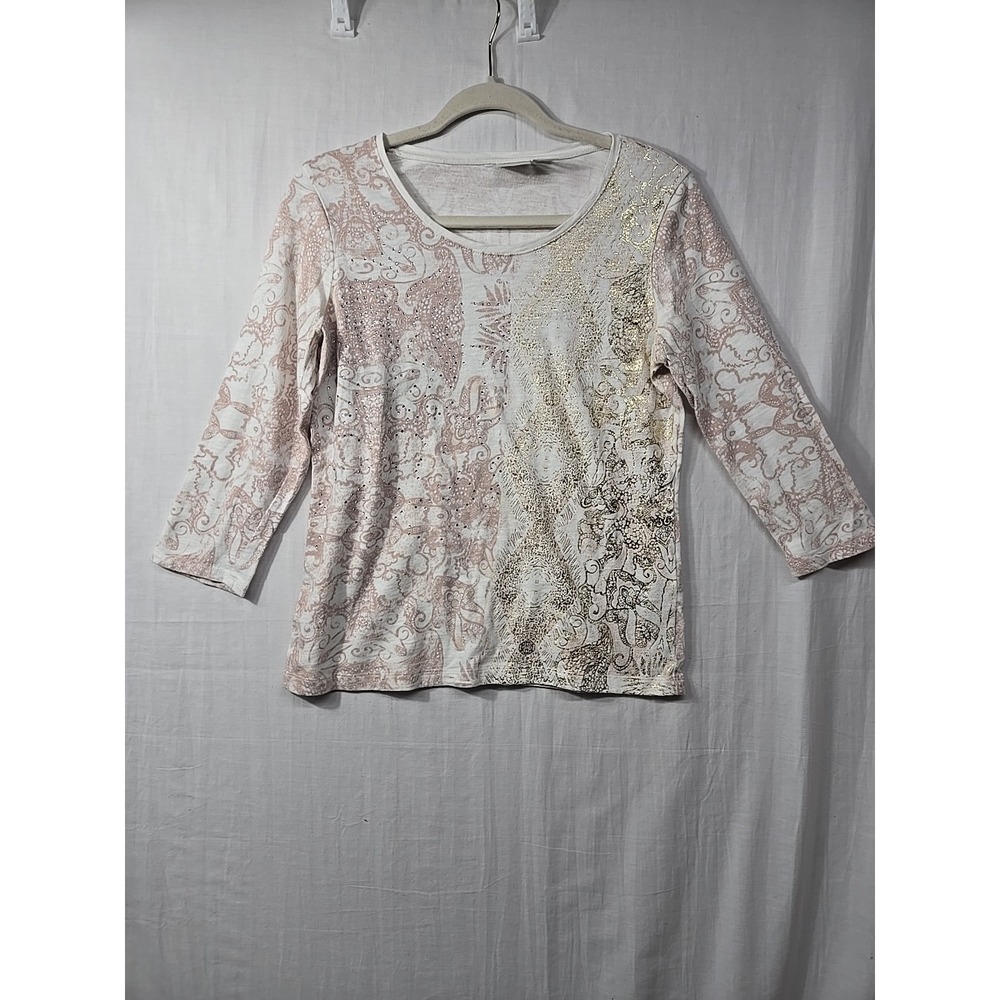 Chico's Zenergy Beige Sequin Embellished Knit Top Blouse Size 0 S/4‎ Gold Foil